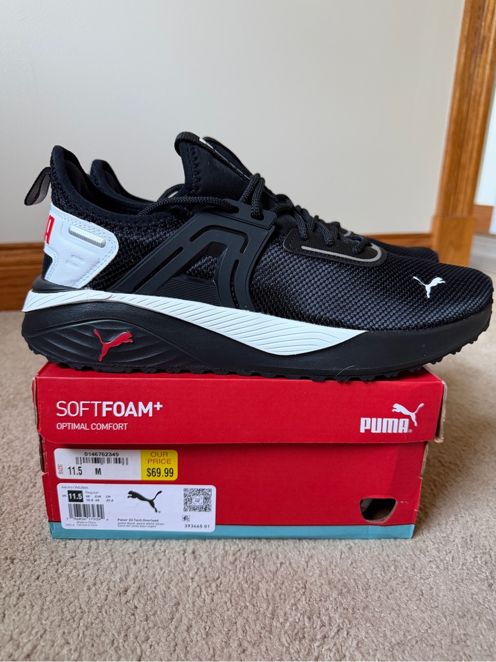 Puma Men’s Black White Athletic Sneakers with Red Accents